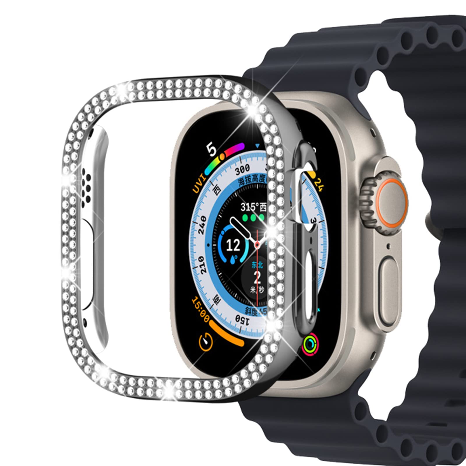 Miimall Compatible with Apple Watch Ultra 2/Ultra 49mm Bling Case, [without Screen Protector] Hard Bumper Case with Crystal Diamonds, Shockproof Women Frame Protective Cover for iWatch Ultra 2, Black