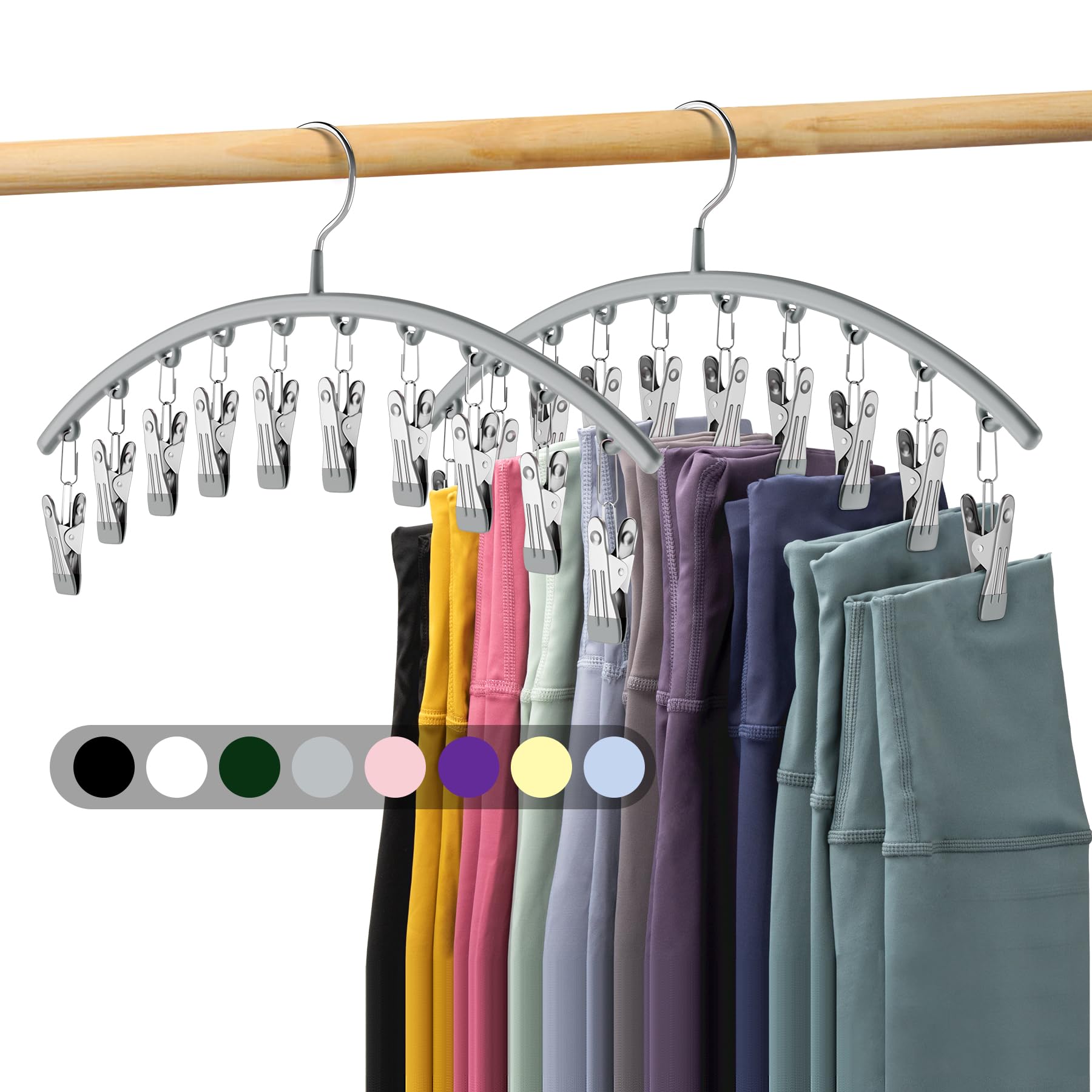 Volnamal Legging Organizer for Closet, Metal Yoga Pants Hanger w/Rubber Coated 2 Pack w/10 Clips Hold 20 Leggings, Hangers Space Saving Hanging Closet Organizer for Closet Organizers and Storage-Gray