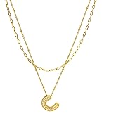 Tasunom Double Layer Initial Necklace, 14K Gold Plated, CZ Crystal Letter Pendant, A-Z Available