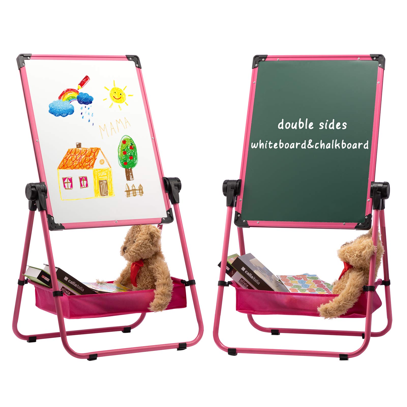 DOEWORKS Easel Magnetic Whiteboard Easel, Double Sides Whiteboard & Chalkboard U-Stand Writing Drawing Board, Height Adjustable & 360°Rotation, Pink — image 1