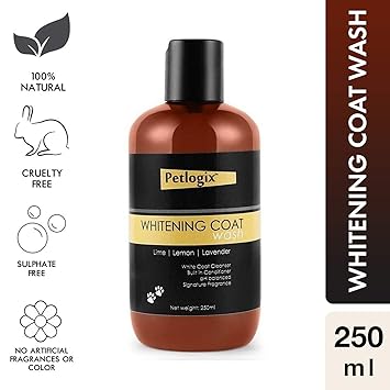 Petlogix Natural Whitening Coat Wash Pet Shampoo for Dogs & Puppies Cleanser with Lemon & Lavender Mineral Oil, SLS & Paraben Free, 250ml