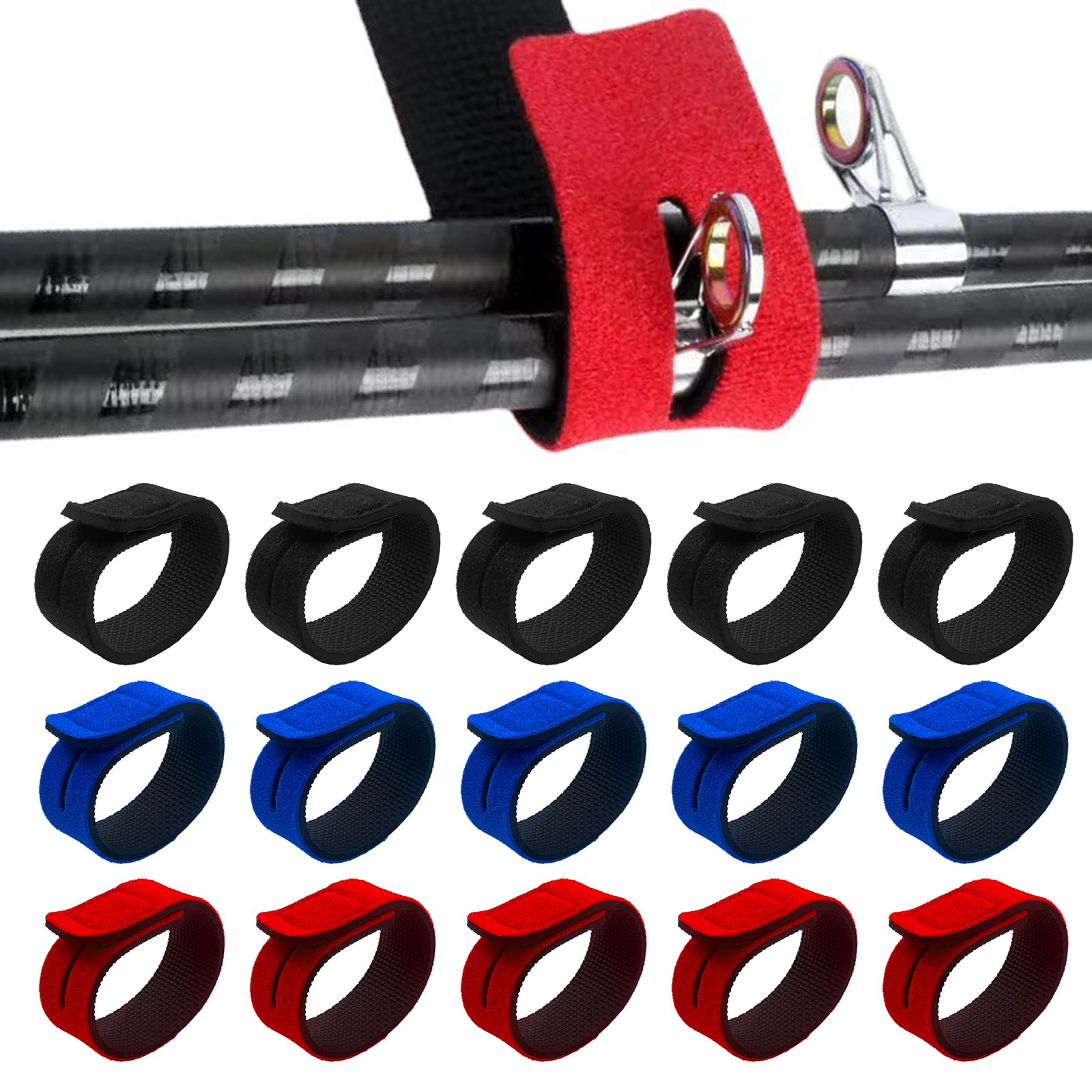 KATIMI 15PCS Fishing Rod Straps, Elastic Fishing Rod Belt Ties, Straps for Fishing Rod Fix, Adjustable Neoprene Ties Straps for Fix Spinning Rod Sea Rod (3 Colors)