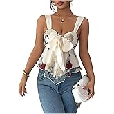 Milumia Women's Floral Tie Front Ruched Peplum Tank Top Embroidery Asymmetrical Hem Going Out Tops