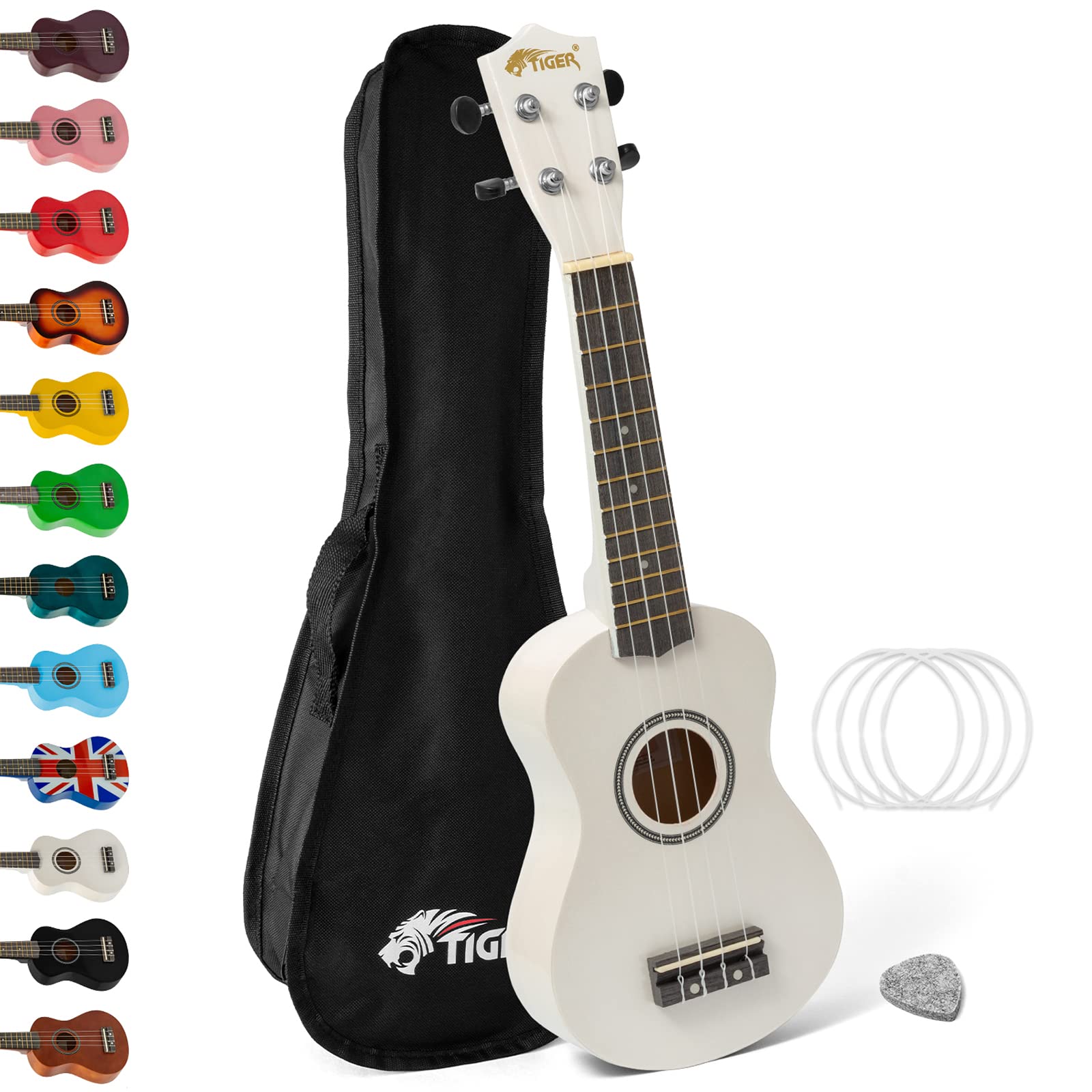 Tiger UKE7-WH Soprano Ukulele - Ideal for Beginners and Schools – Includes Gig Bag, Felt Pick, Spare Strings now with Aquila Strings – White