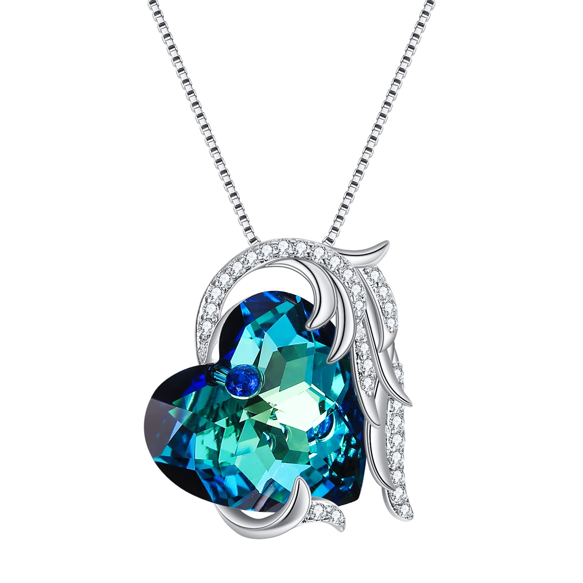 Ever Faith Love Heart Pendant Necklace Embellished with Bermuda Blue Swarovski Crystal Angel Wing Heart Jewelry Mothers Day Jewellery Gifts