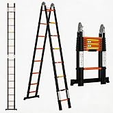 Telescoping Ladder A Frame 16.5Ft with Stabilizer Bar, Black+Orange | 330 LBS Capacity, Aluminum, Collapsible Extension Ladder with Non-Slip Feet for House, Roof, RV &amp; Travel Trailer