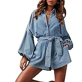 LifeShe Lantern Long Sleeve Denim Romper for Women Elastic Waist Tie Front Short Mini Jean Jumpsuit