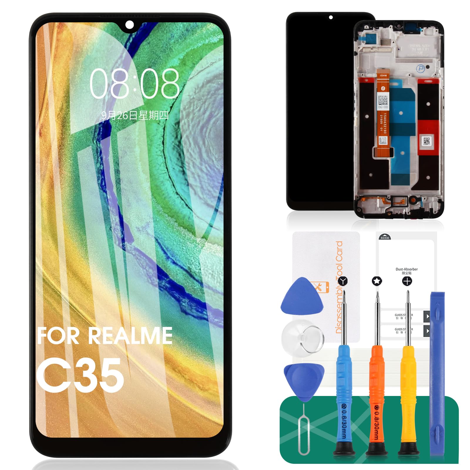 For OPPO Realme C35 LCD Display For OPPO Realme C35 Screen Replacement RMX3511 Touch Digitizer Assembly Repair Kits (Black,With Frame)