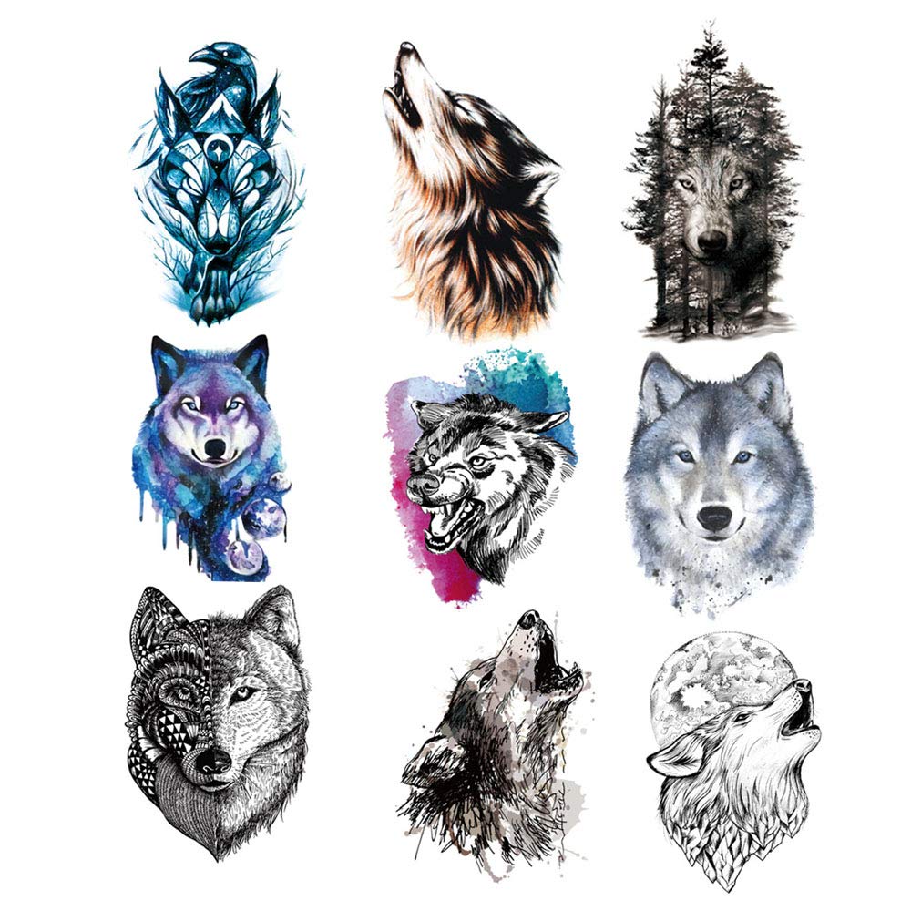 9 Pieces Wolf Temporary Tattoo for Women Men,lot Wolf Temporary Tattoo Sticker for Women Men Fashion Body Art Adults Waterproof Hand Fake Tatoo (21 * 15 cm)