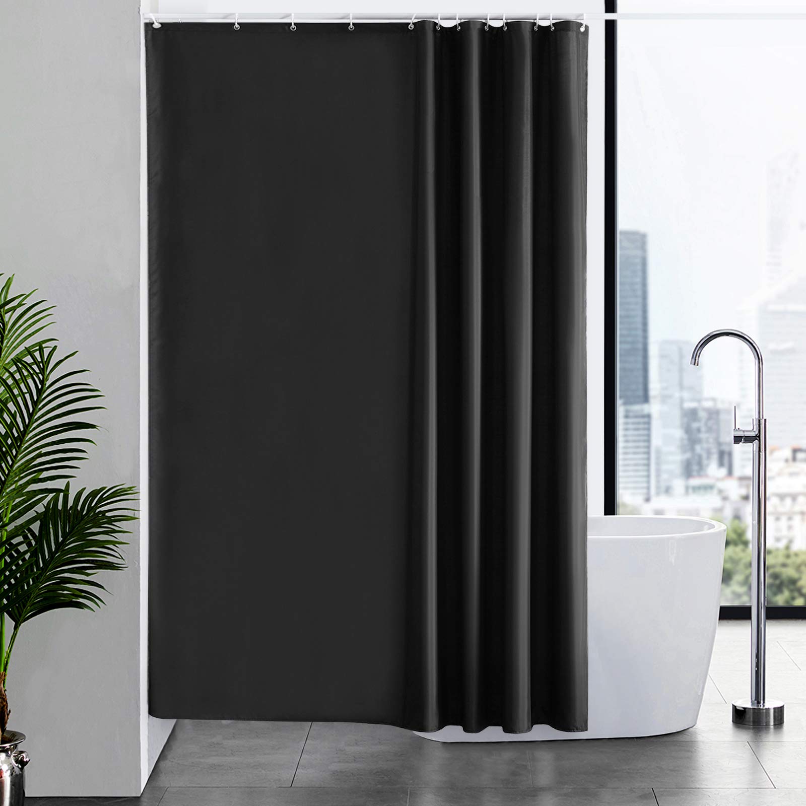 Furlinic Shower Curtain Mould Proof Resistantand Waterproof Washable Polyester Fabric Black Bath Curtains with Weight Tape 12 Hooks for Wetroom 72x78 Inch.
