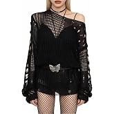 Goth Y2K Striped Sweater Grunge Ripped Punk Gothic Sweaters for Women | Harajuku Aesthetic Halloween Cosplay Costume Knit Pullover Tops