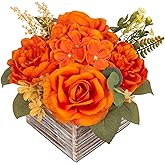Flower Arrangement with Wooden Vase 8" Artificial Flowers in Pot - Fake Flowers Roses Peonies Hydrangeas in Wooden Vase Potted Artificial Flower Centerpieces for Table Decor Living Room - Burnt Orange