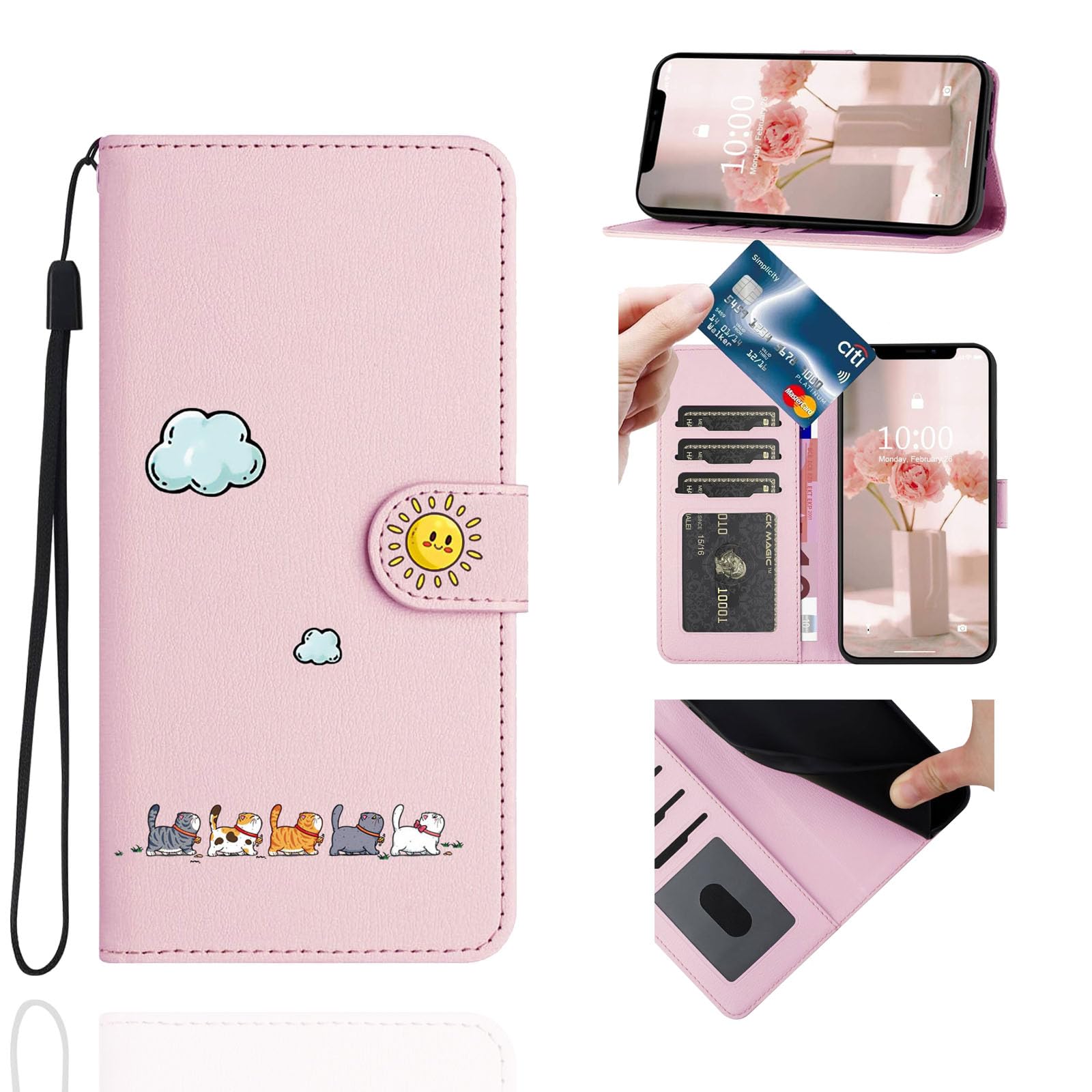 Jeffene for iPhone 16 Pro (6.3 inch) Case,PU Leather Flip Wallet Cover with [Kickstand][TPU Inner Shell][Card Holder],Pink&Cat