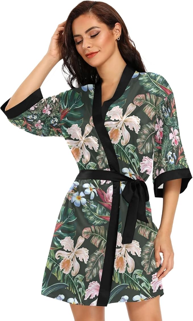 Tropical Flowers Leaves Satin Kimono Robes for Women Short Bridesmaid