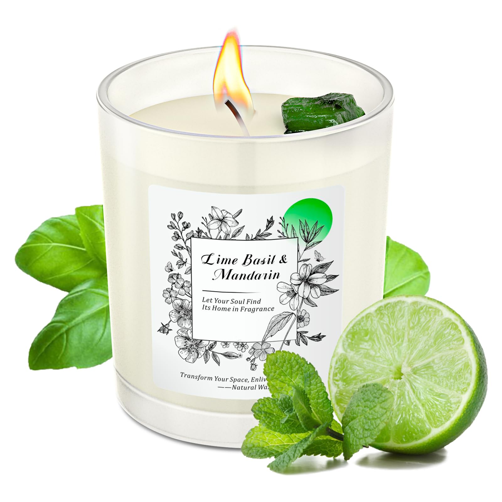 Photo 1 of 10oz Natural Soy Wax Scented Candles with 10% Essential Oil & Crystal for Women,Lime Basil & Mandarin Candles,60H Long Lasting in Frosted Glass for Home,Gifts,Relax,Décor,Pet Friendly,Healing
