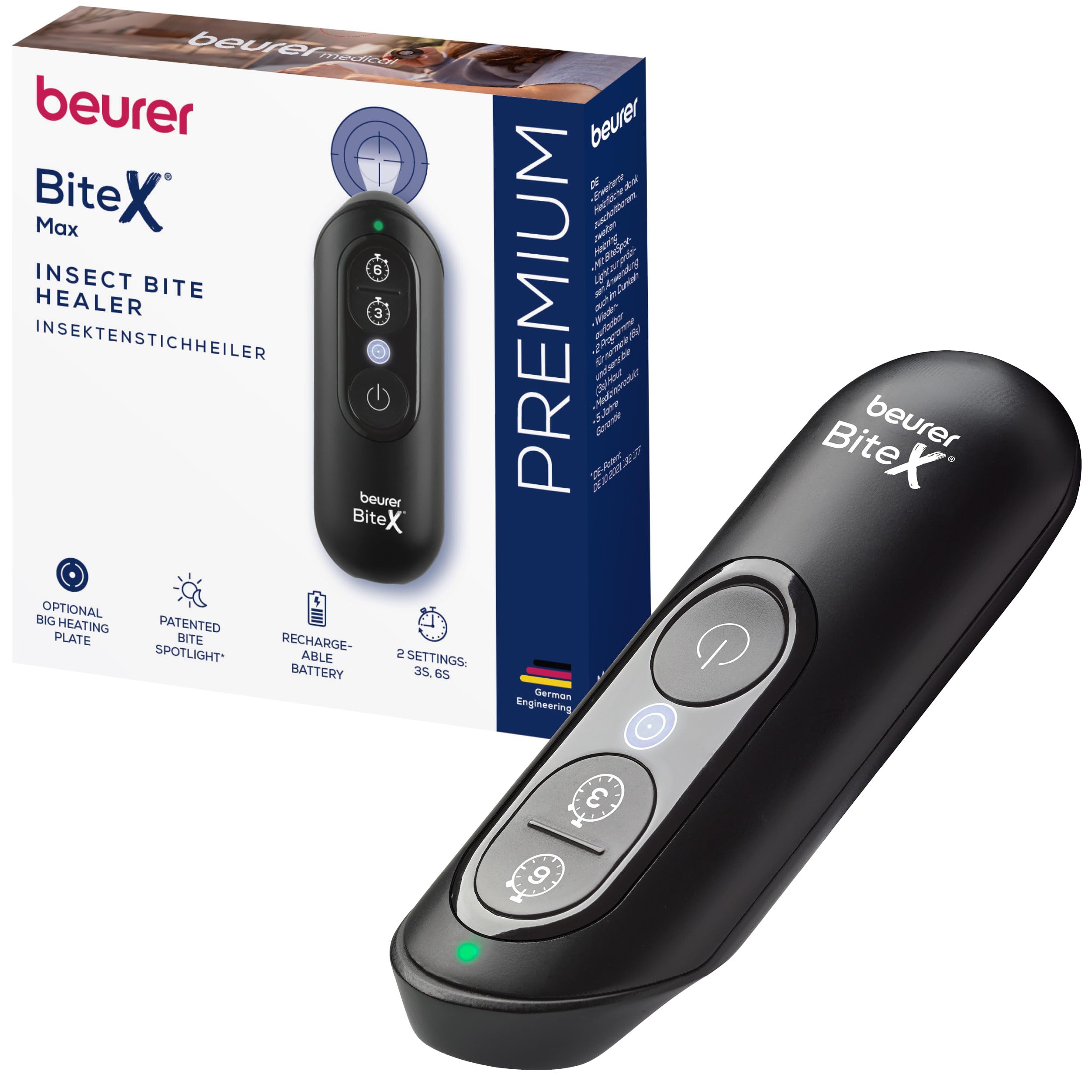 Beurer BiteX Max Deep Black Insektenstichheiler mit größerer Heizfläche, Mückenstich Hitzestift zur Behandlung von Insektenstichen- und bissen, elektronischer Stichheiler, mit Licht und Akku