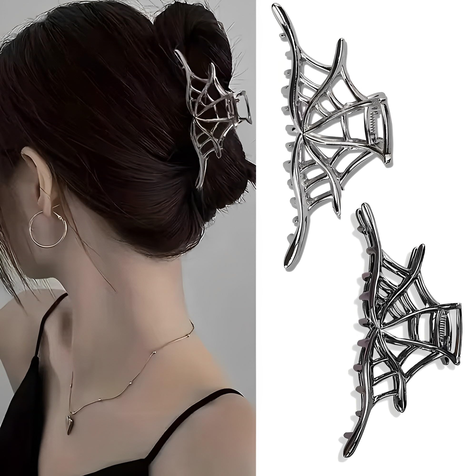 Finyoffiy 2Pcs Spiderweb Hair Clips Halloween Accessory for Women & Girls Strong Hold Non-Slip Hairpins Perfect for Cosplay & Day of the Dead Decoration Black Metal Spider Claw (Spiderweb)