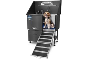 KANIS Black Line Professional Dog Washing Station - 304 Stainless Steel Pet Wash Sink & Grooming Bathtub w/Shower, Floor Grates and Storage for Large, Medium & Small Pets (40", 1 Drawer - Right Ramp)