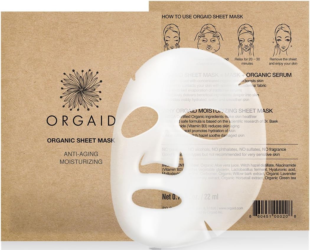 Face Mask by ORGAID, Cotton Sheet Mask Works Like Anti Ageing Cream And Mature Skin Moisturiser, Reducing Wrinkles, Completely Natural and Organic 24ml