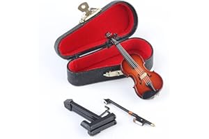 Dselvgvu Wooden Miniature Violin with Stand, Bow and Case Mini Musical Instrument Violin Replica Collectible Figurines Dollhouse Accessories Model Home Decoration Display Ornament (3.15"x1.18"x0.59")