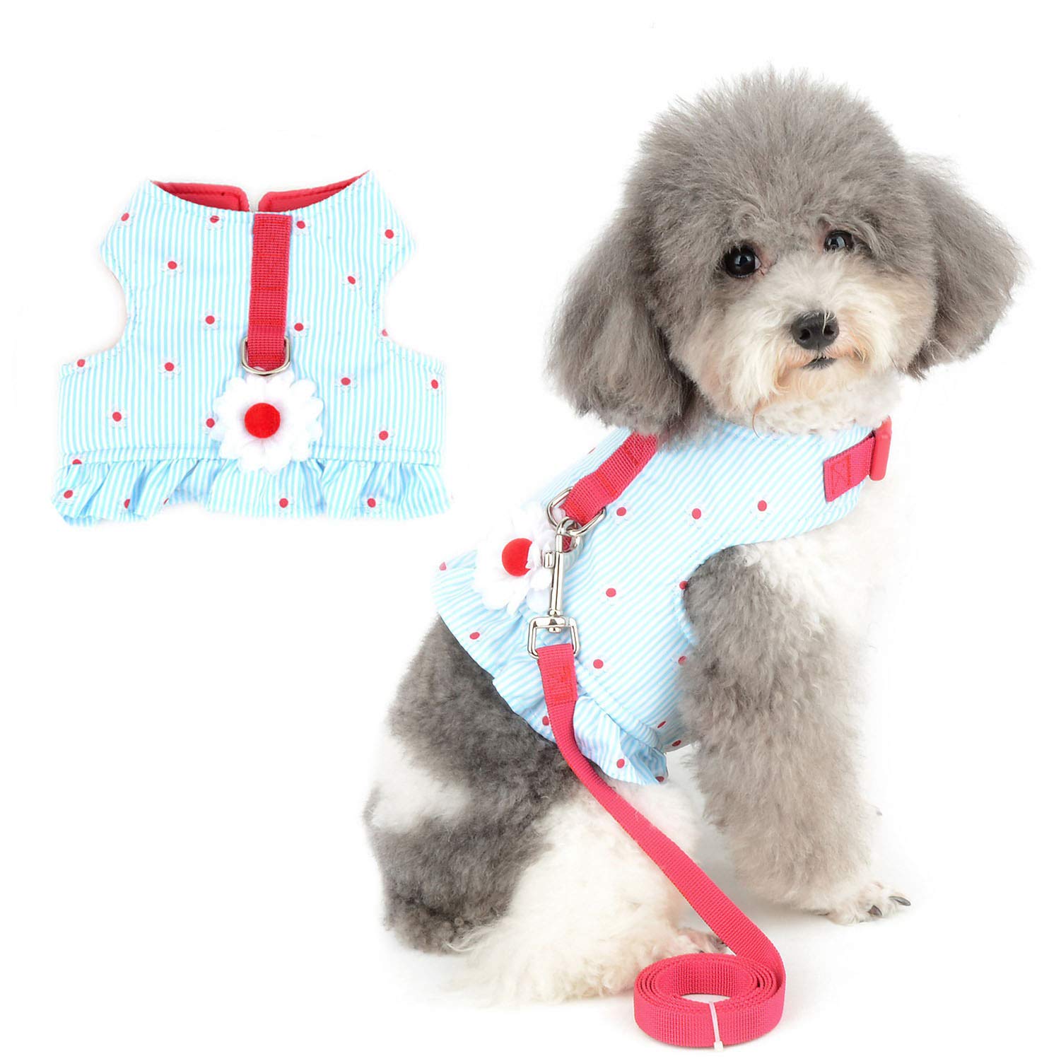 Zunea Small Dog Girl Harness and Lead Set No Pull Chihuahua Dress Escape Proof Cat Kitten Vest Harness Step-In Soft Cotton Padded Striped and Flowers Printed Puppy Jacket Clothes for Walking Blue XS