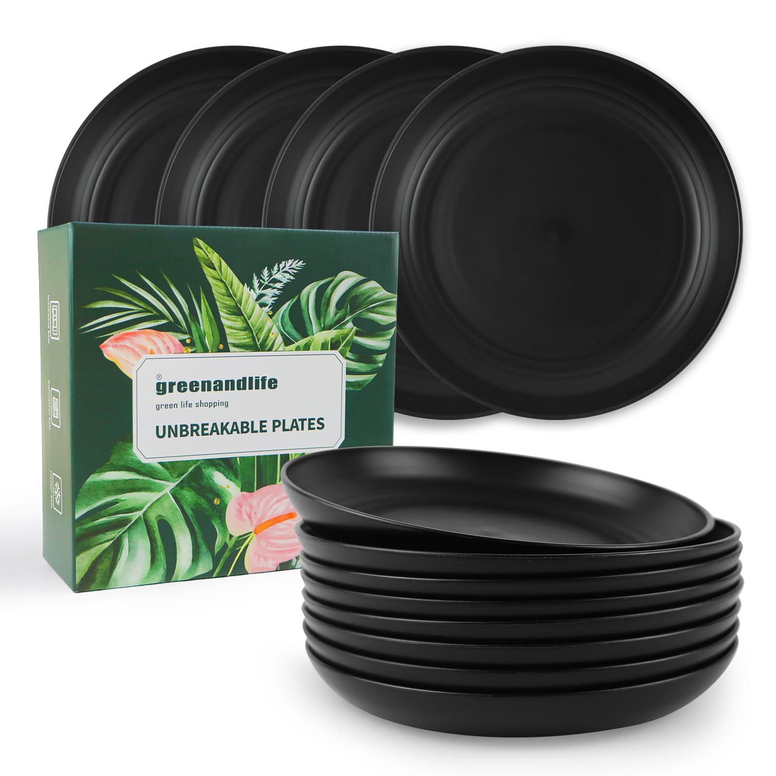Photo 1 of greenandlife 10 Inch 8PCS Dishwasher & Microwave Safe Wheat Straw Plates, Alternative for Plastic Plates, Lightweight Reusable Unbreakable Dinner Plates, Non-toxin, BPA Free for Kids Adults, Black