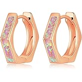Lasidor Opal Hoop Earrings for Women Hexagon Huggie Earrings 14K White/Yellow Gold Plated Hypoallergenic Small Huggie Hoop Earrings for Women Girls Jewelry Gifts