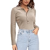 SuperPrity Long Sleeve Shirts for Women Spring Fashion V Neck Button Polo Sweaters Stretch Slim Fitted Knit Basic Tee Tops