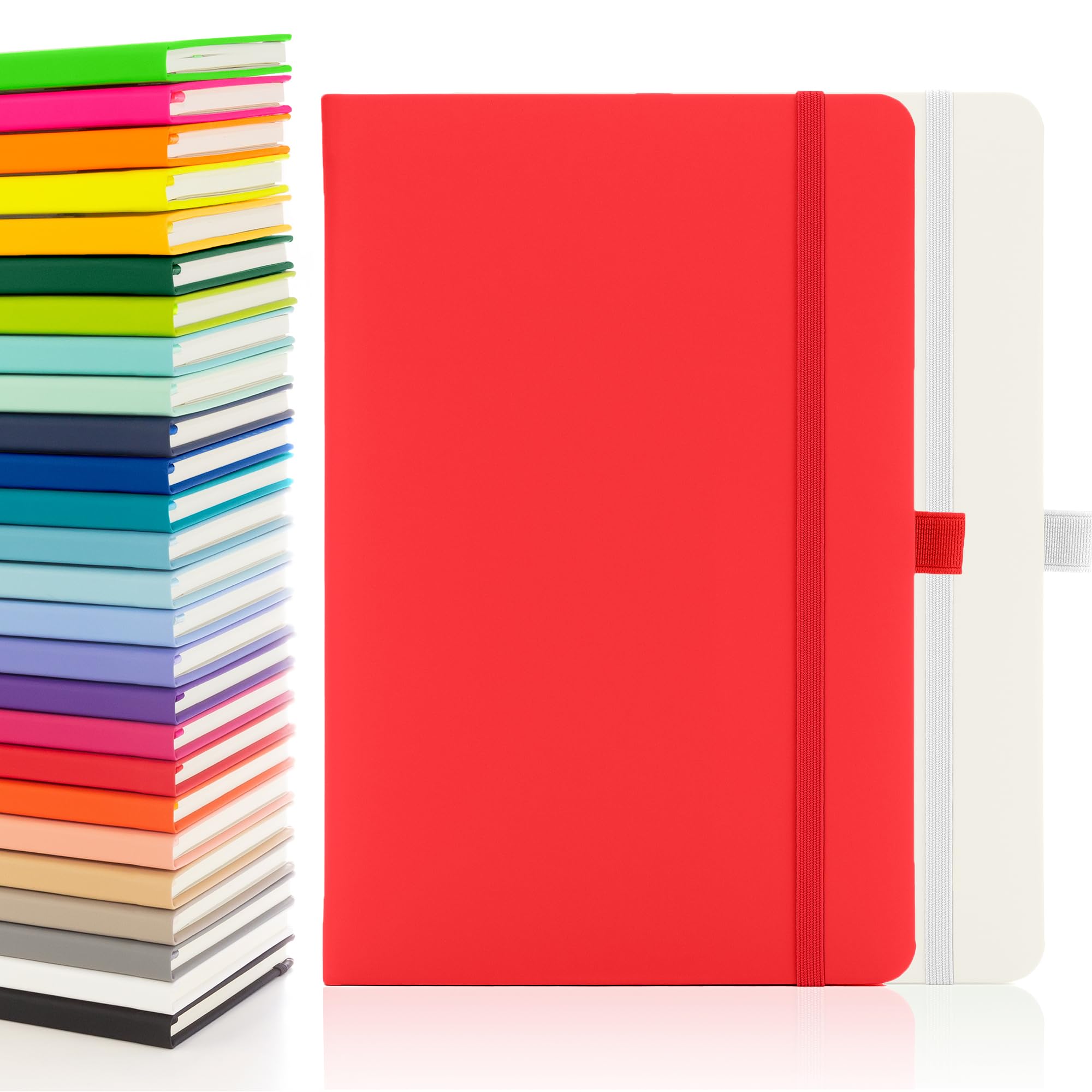 Notes London 2 x Eco A5 Notebook with Lined Pages, Pen Loop, Ribbon, Date Marks and Paper Pocket, Medium Hardback Journal, Note, sustainably sourced paper (White & Red)