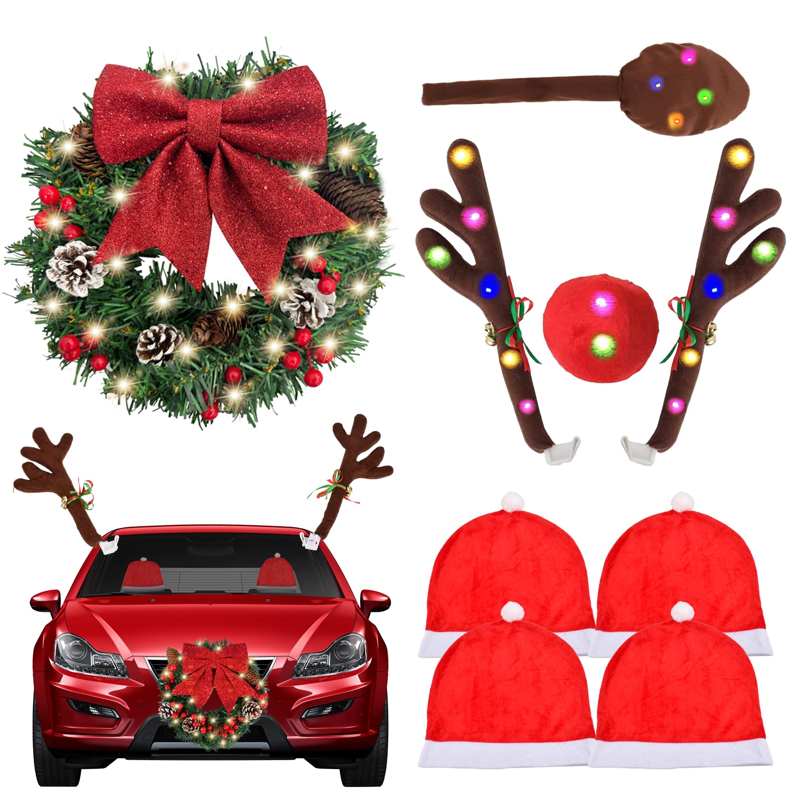 Photo 1 of NEXAGEBIUS Car Christmas Decorations Reindeer Antlers Kit with Christmas Wreath Santa Hat Nose Tail Light Up Christmas Decor Exterior Car Accessories Universal Fit for Most Cars and Trucks