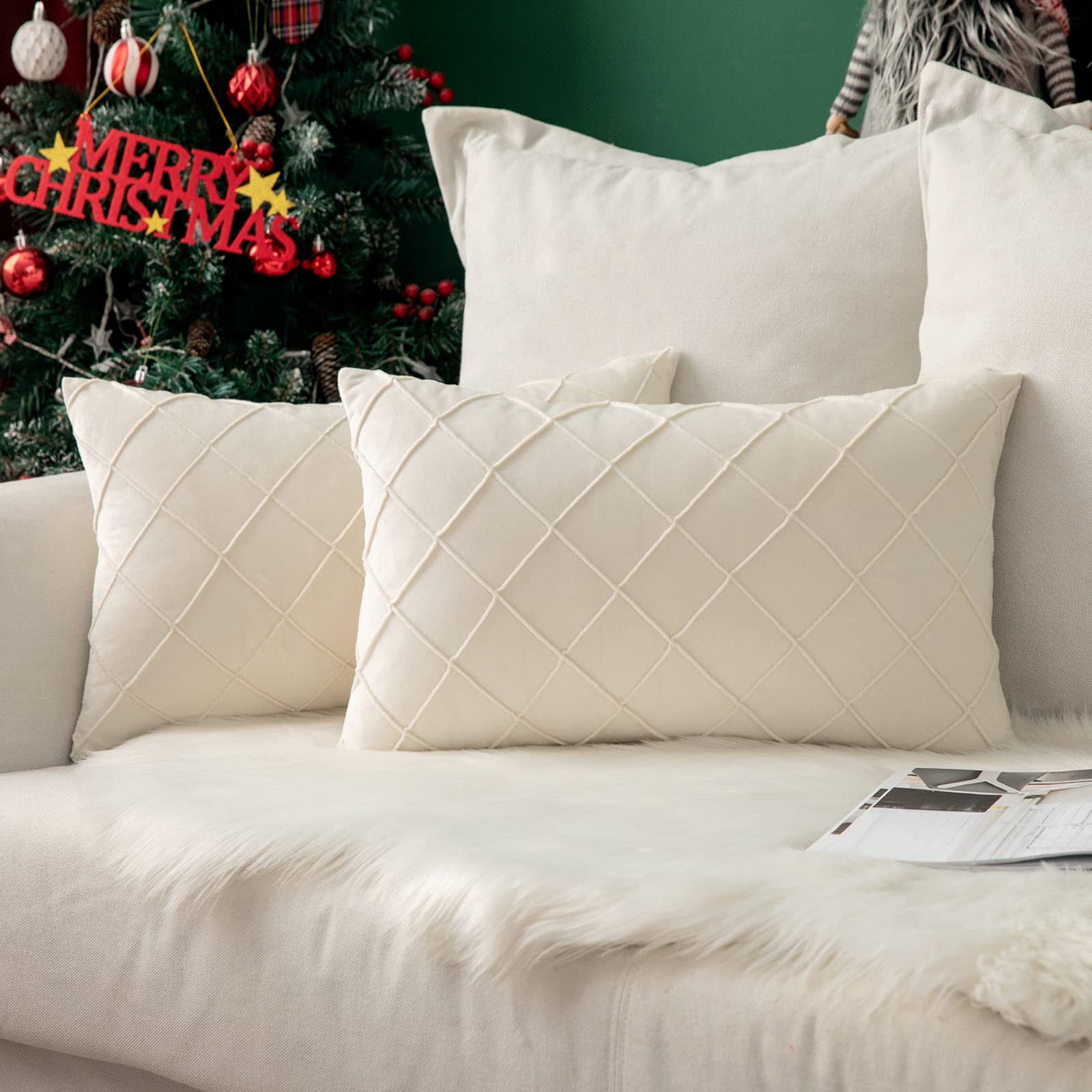 MIULEE Christmas Velvet Cushion Covers Home Decoration with Square Pattern Throw Pillow Covers Super Soft Modern Smooth Washable Pillowcase for Bedroom Sofa 2 Pieces 40x60cm 16x20 Inch Cream — image 1