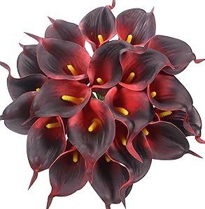 Duovlo 20pcs Calla Lily Bridal Wedding Bouquet Lataex Real Touch Artificial Flower Home Party Decor (Dark Red)