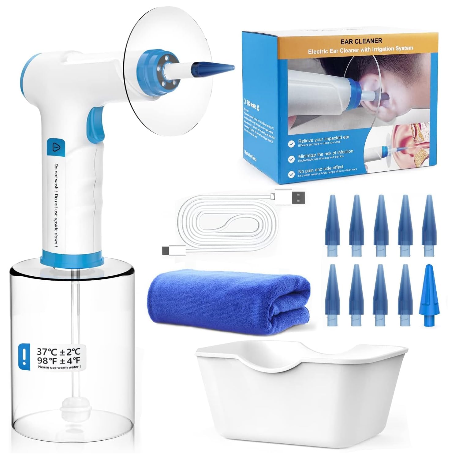 Ear Wax Removal Kit, Rechargeable Electric Earwax Remove Removal Ear Irrigation System, and Features Disposable Tips & Ear Catch Basin (9+1 Disposable Tips)