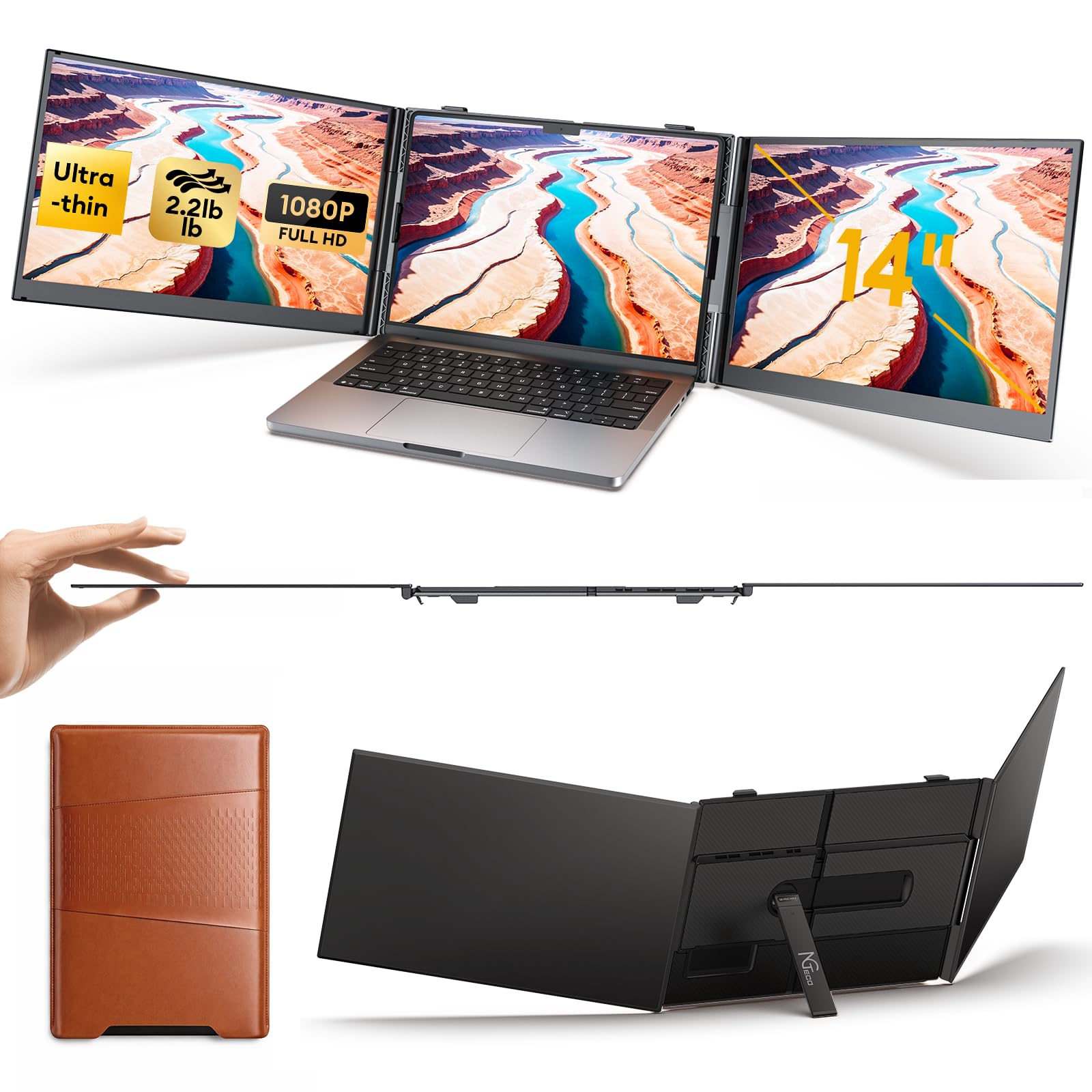 Photo 1 of NGTeco 14 Inch Triple Screen Extender for Laptop, FHD 1080P Portable Monitor Ultra-Thin 2.2LB, Plug and Play with H5-T Adapter for 13.3-17.3 Inch Mac Windows Linux Chrome OS
