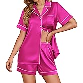 Ekouaer Womens Satin Silk Pajamas Set Short Sleeve Sleepwear Button Down Top and Shorts Loungewear 2 Piece Pjs Set S-XXL