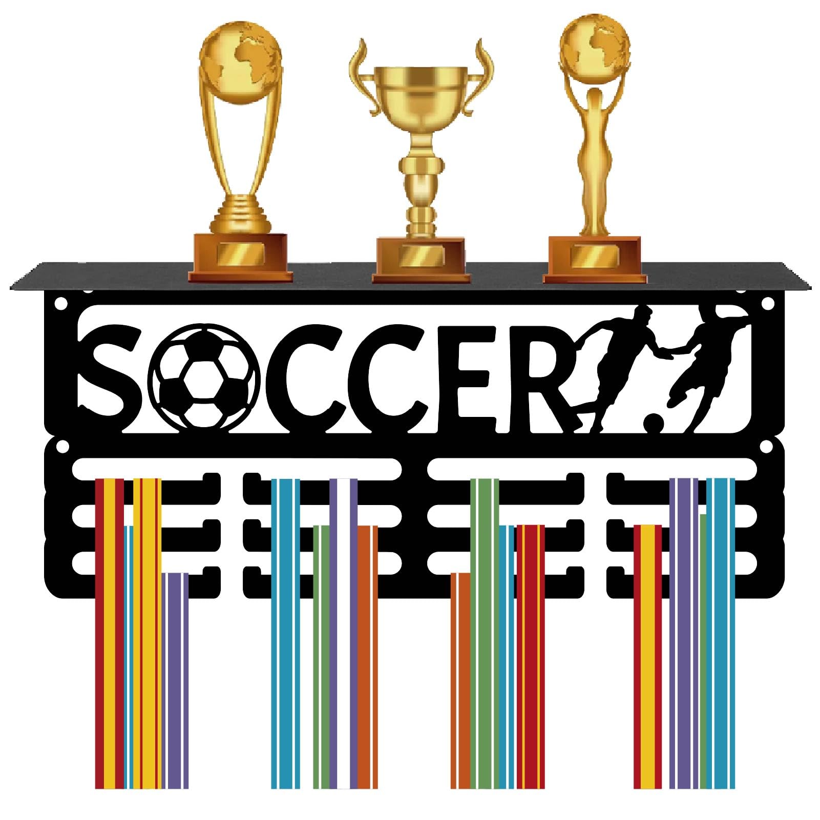CREATCABIN Soccer Medal Hangers Display with Shelf Football Medal Holder Trophy Shelf Stand Small Sports 4 Rows Wall Mount Hold 70+ Medals for Men Soccer Running Swimming Awards Rack 11.4 x 5.1 Inch