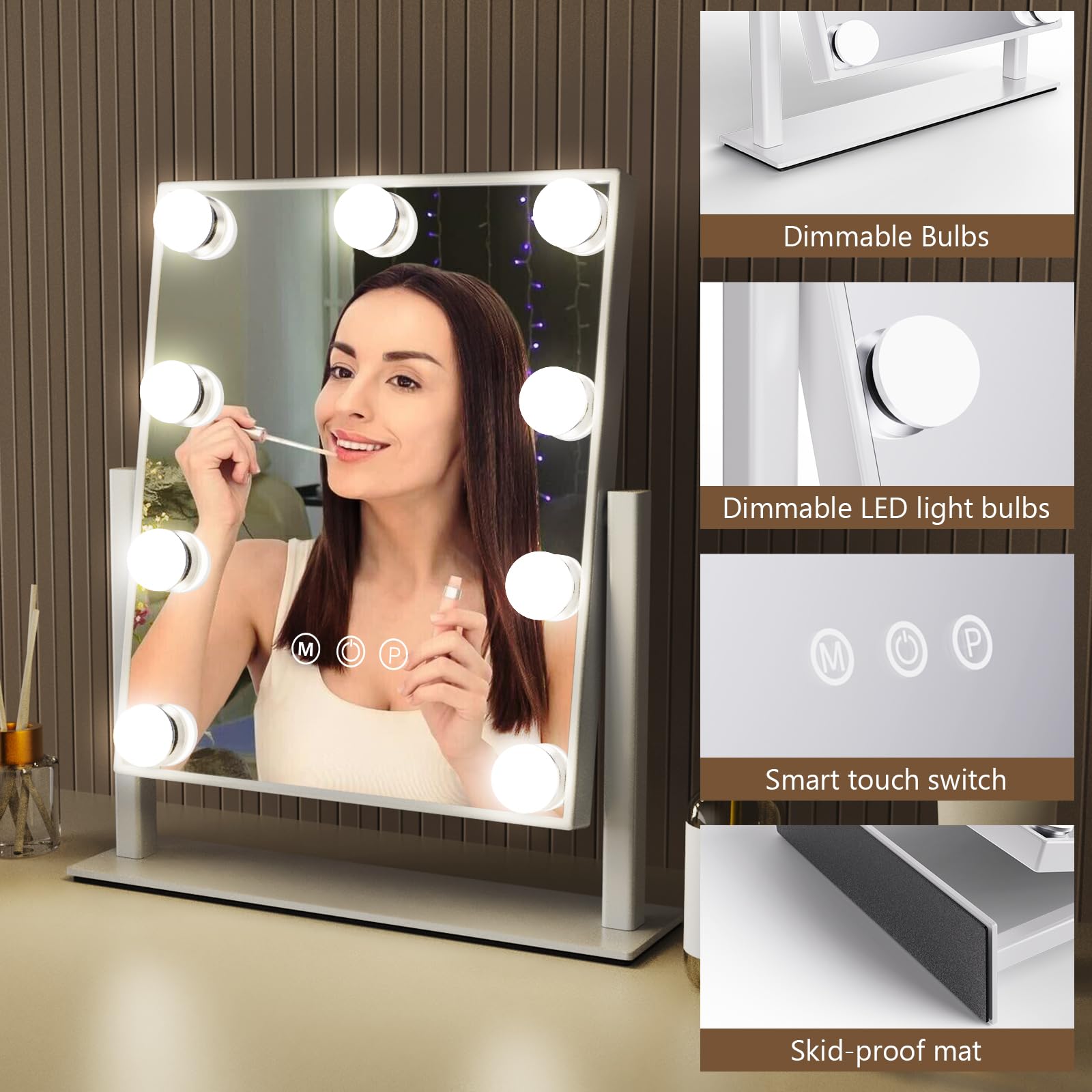 VoxZypher Hollywood Vanity Makeup Mirror with Lights - 9 LED Bulbs, Touch Control, 3 Colors Light, 360° Rotation, Light Up Vanity Mirror for Dressing Room & Bedroom
