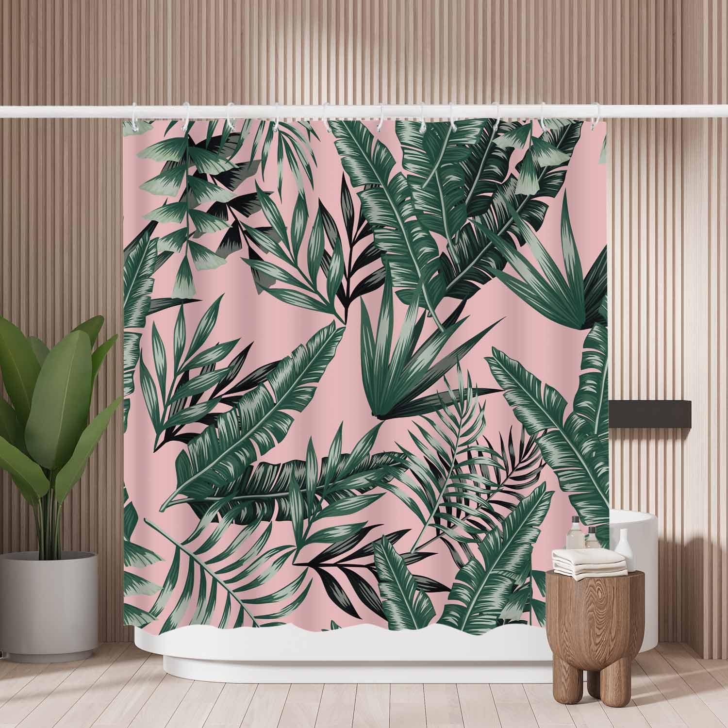 Woutay Shower Curtain Mould Proof Resistant Green Tropical Palm Banana Leaves,Water Repellant Fabric,Polyester,with 12 Plastic Hooks