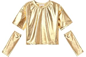 Perfashion Girls Metallic Shirts with Arm Sleeves, Shiny Crop Top for Dancing, Raves, Festivals, Costumes 4-15 Years