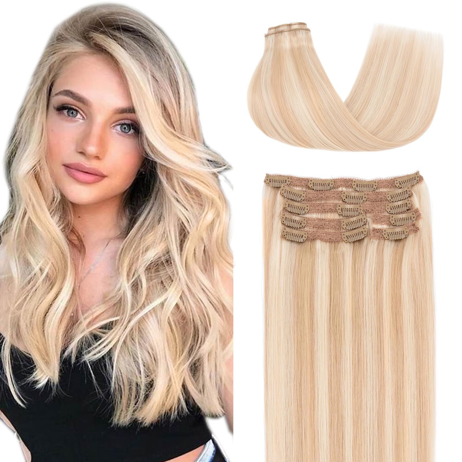 Elailite Clip In Hair Extensions Real Human Hair Double Weft Virgin Remy Hair Lace Weft 7 Pcs Full Head Straight - #18/613 Ash Blonde Mix Bleach Blonde - 20 Inch 120g — image 1