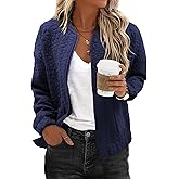EVALESS Jackets for Women Fashion 2026 Spring Outfits Business Casual Womens Clothes Cute Jacquard Coat Classic Bomber Jacket Lightweight Long Sleeve Stand Collar Zip Up Blue Tops with Pocket, Small