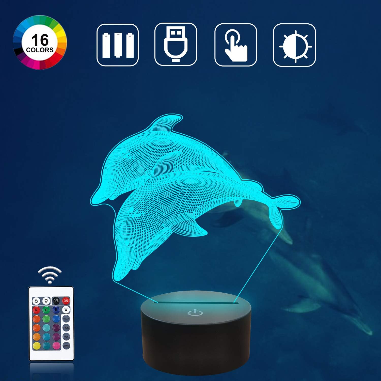 Coopark Dolphin Night light for Kid Ocean 3D Optical Illusion Porpoise Lamp ,16 Color Changing Remote Control Best Christmas Halloween Birthday Gift for Child Baby Boy - Image 3
