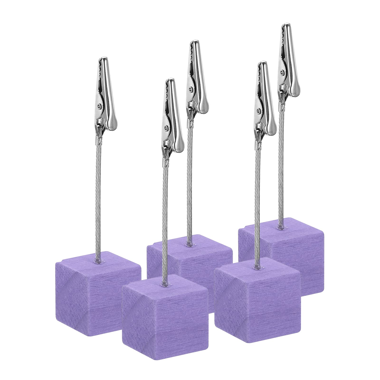 PATIKIL Place Card Holder, 5 Pack Memo Clip Holder Stand with Alligator Clasp Table Number Holders Wooden Base for Pictures Note Card Paper, Purple