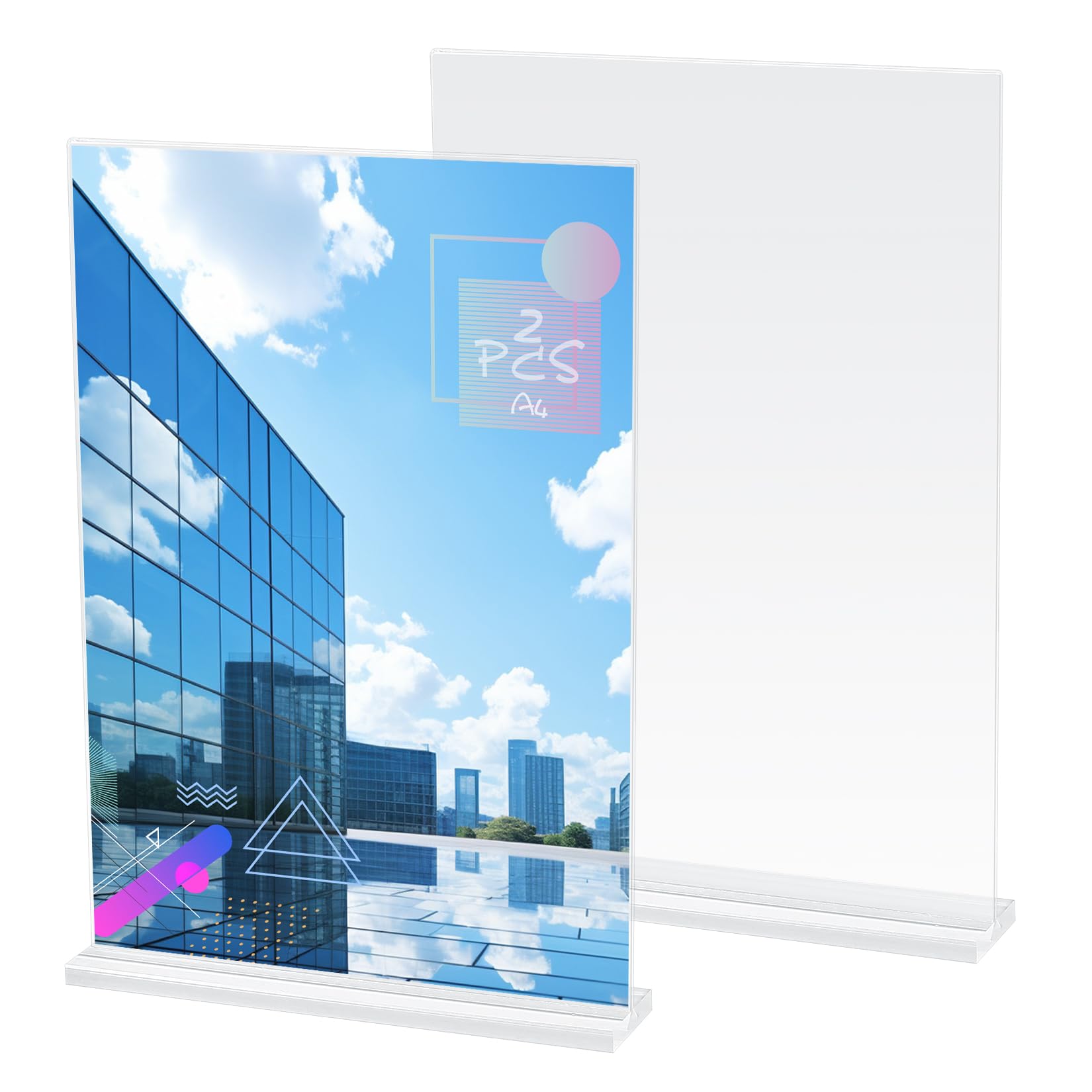 KOXXIAMOQ 2 Pcs Poster Menu Holder, A4 Acrylic Sign Holder, T-Shape Double-Side Menu Display Stand, Clear Perspex A4 Vertical Display Stands for Office Shop Restaurant Picture Photo Display
