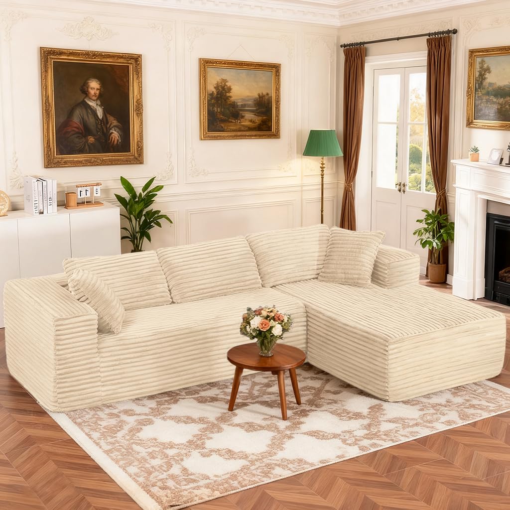Photo 1 of ***PILLOWS********REALLY DIRTY****COMHOMA 105”Modular Sectional Sofa with Deep Seat,Cloud Upholstered L-Shape Couch Wide Arms Corduroy Fabric High-Density Foam Chaise Lounge for Living Room No Assembly Required,Beige