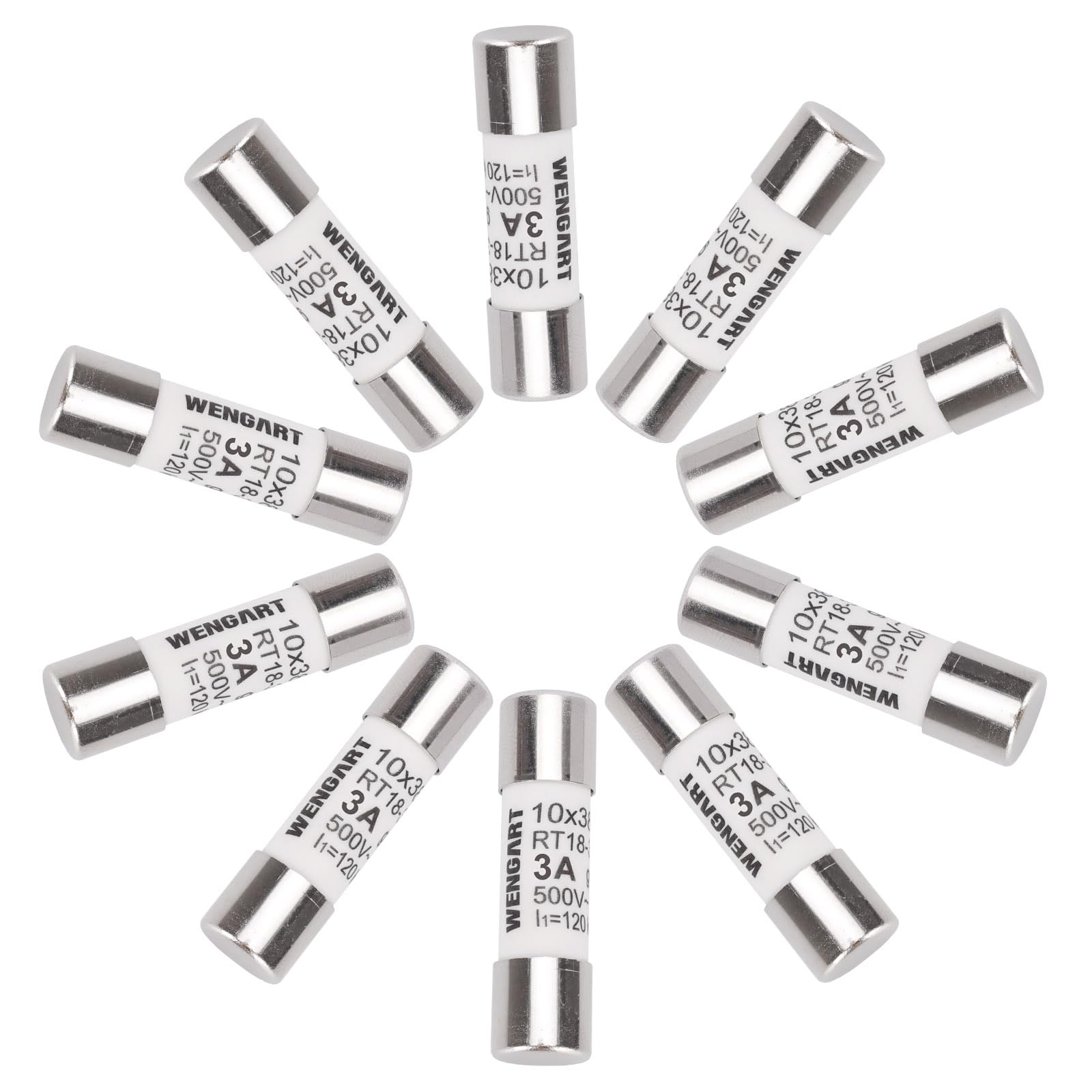 Wengart AC Cylindrical Fuse Link RT18-32 (RO15), AC500V 3A, 120kA, 10x38mm, 10 pieces, Strong Breaking Capacity, Can Reliably Protect The Circuit