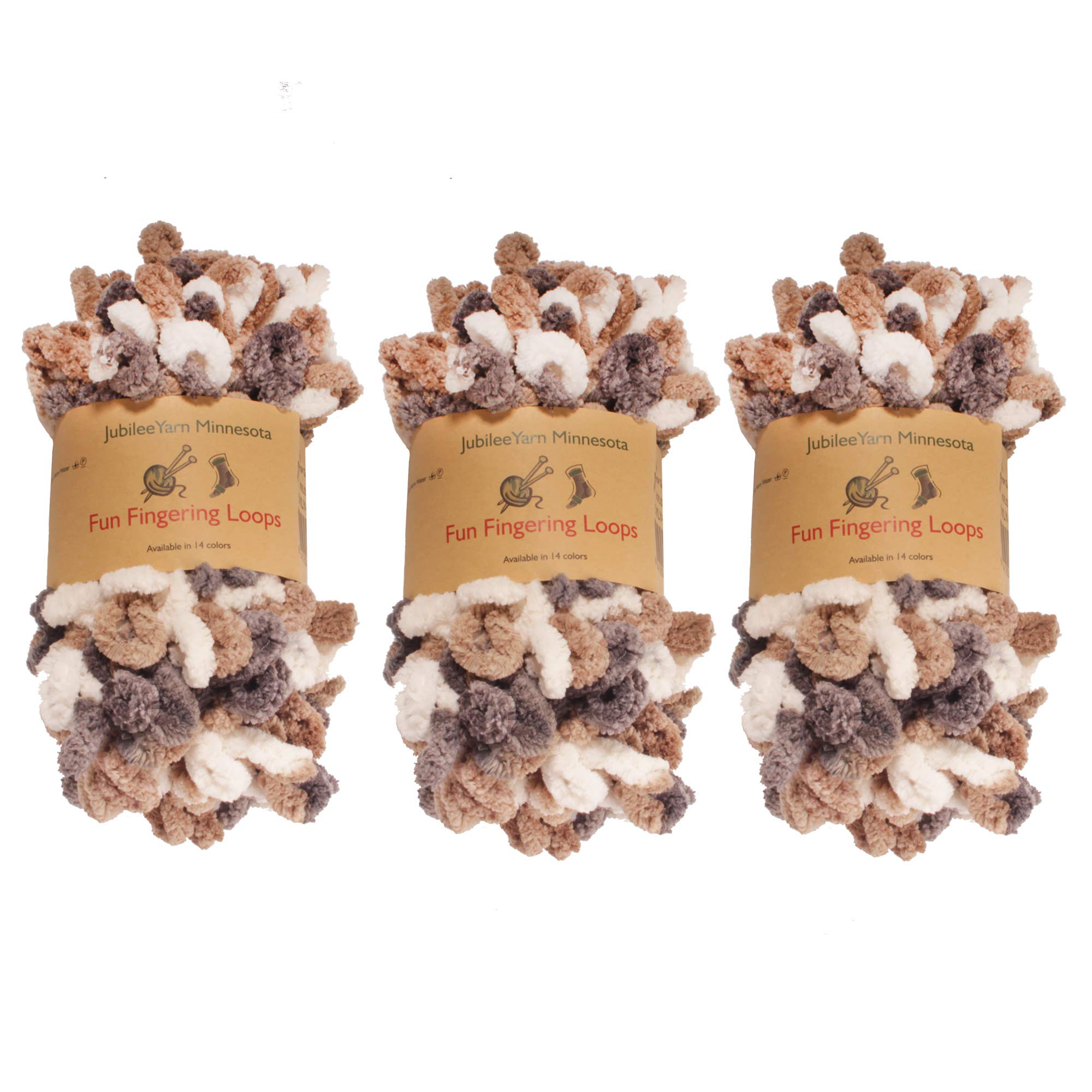 JubileeYarn Fun Finger Loops Yarn - 100g/Skein Jumbo Polyester - Brown Grey White - 3 Skeins