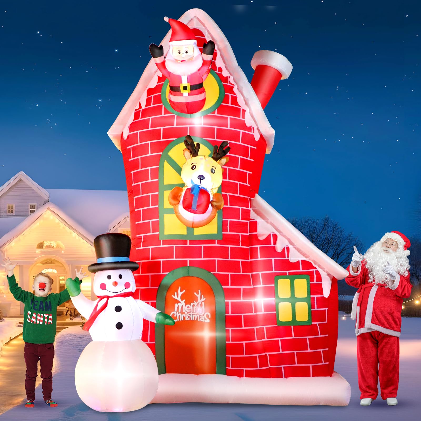 12FT Christmas Inflatable Outdoor Decoration, Huge Christmas Castle with Santa Snowman and Reindeer with Built-in LED Lights, Giant Blow Up House with Chimney for Xmas Decor Lawn, Yard, Party Image