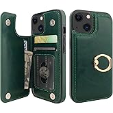 ONETOP for iPhone 13 Wallet Case with Card Holder, 360° Rotation Ring Kickstand RFID Blocking PU Leather Double Magnetic Clasp Shockproof Cover for Women and Girls 6.1 Inch (Green)