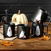 Yiyiring Halloween Mugs Mixed Set of 4, Scary Squad Stoneware Mugs 12 oz Ceramic Ghost Coffee Cup Black Drinking Cup Ghost Designs for Coffee, Tea, Halloween Decor Gifts, 3.3 x 3.7 Inch